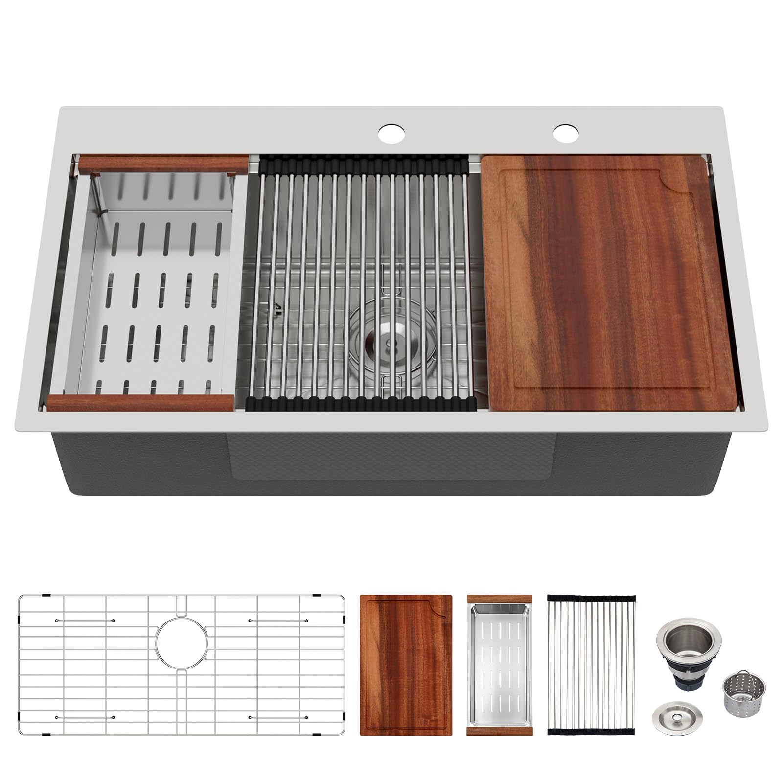 Logmey 33'' Workstation Kitchen Sink - Drop-In Single Bowl - Silver Stainless Steel