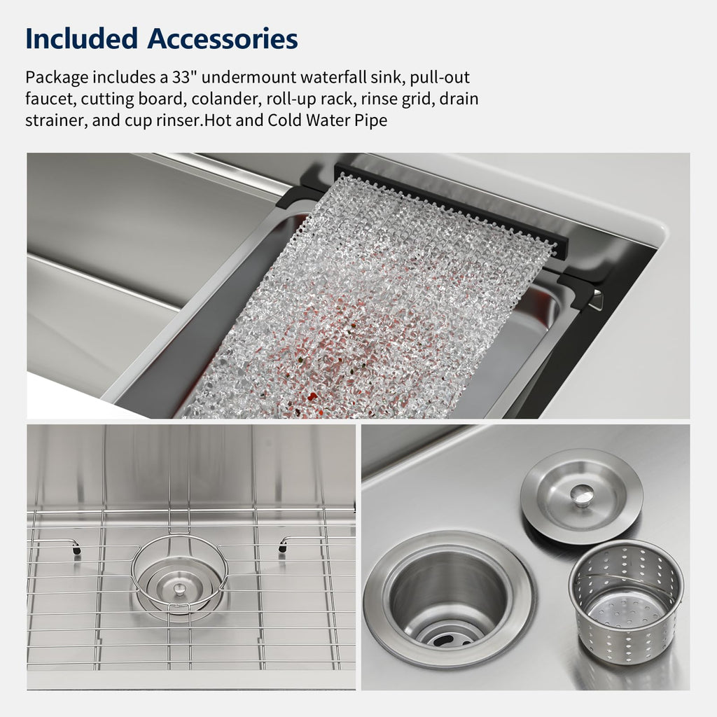 Logmey 33'' Waterfall Kitchen Sink - Undermount Single Bowl with Pull-out Faucet & Control Knob - Silver Stainless Steel