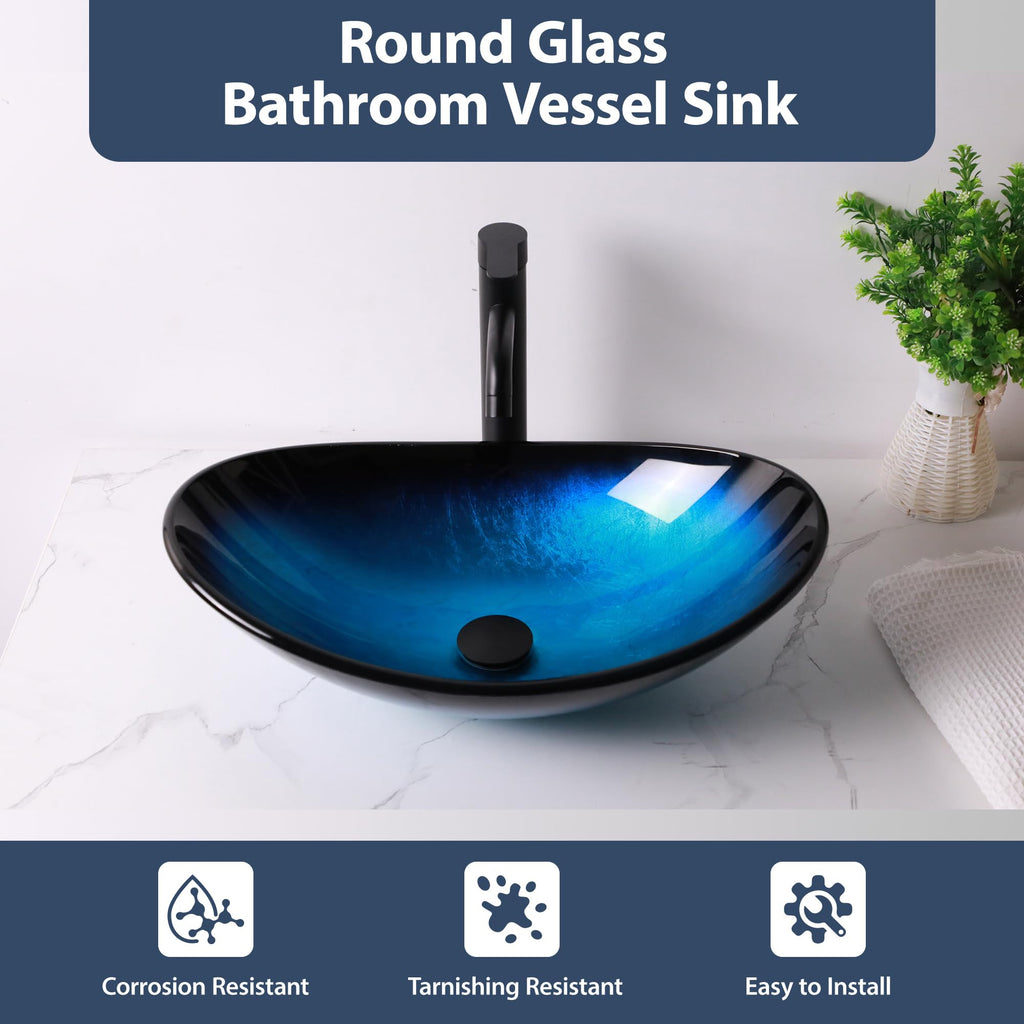 Logmey 21'' Bathroom Vessel Sink - Oval Countertop Single Bowl with Drain - Blue Tempered Glass