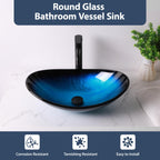 Logmey 21'' Bathroom Vessel Sink - Oval Countertop Single Bowl with Drain - Blue Tempered Glass