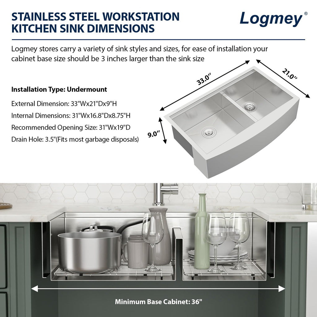 Logmey 33x21 inch Double Bowl Workstation Low Divide Apron Front Stainless Steel Farmhouse Sink