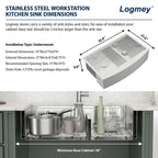 Logmey 33x21 inch Double Bowl Workstation Low Divide Apron Front Stainless Steel Farmhouse Sink