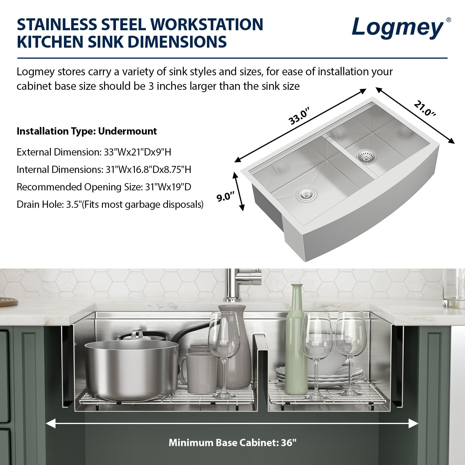 Logmey 33x21 inch Double Bowl Workstation Low Divide Apron Front Stainless Steel Farmhouse Sink