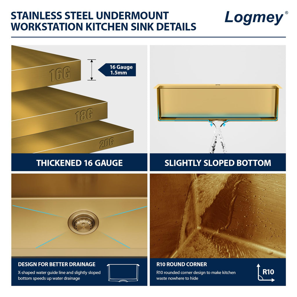 Logmey 33'' Kitchen Sink - Drop-In Single Bowl - Gold Stainless Steel