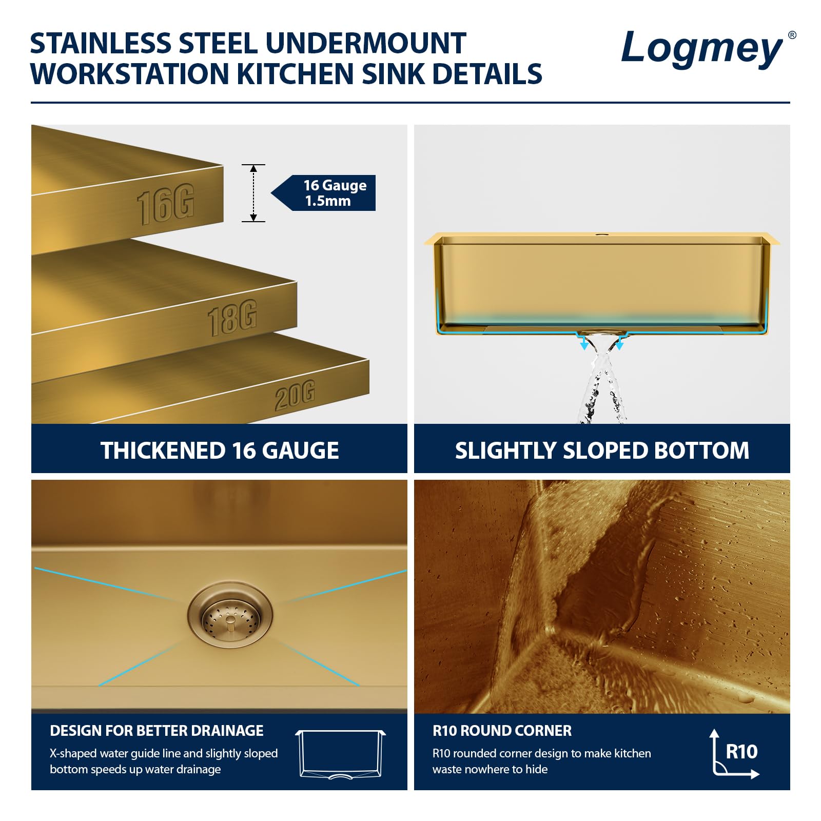 Logmey 33'' Kitchen Sink - Drop-In Single Bowl - Gold Stainless Steel
