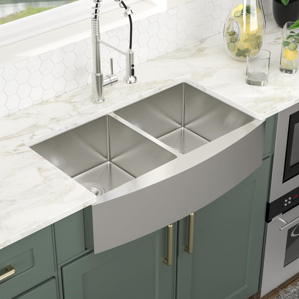 Logmey 33'' Farmhouse Kitchen Sink - Apron Front 50/50 Double Bowl - Silver Stainless Steel
