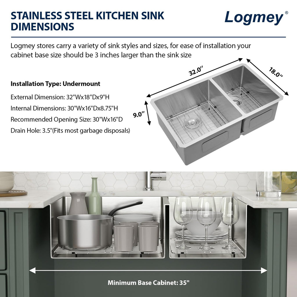 Logmey 32'' Kitchen Sink - Undermount 60/40 Double Bowl - Silver Stainless Steel