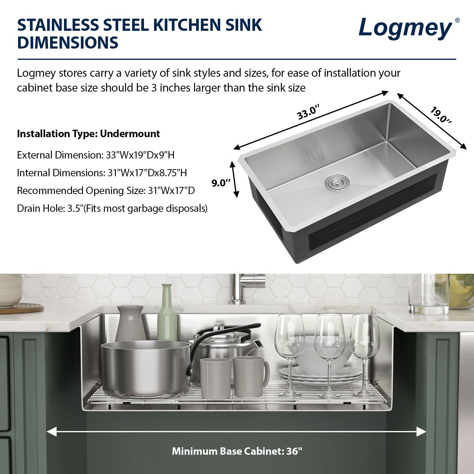 Logmey 33''x19'' Kitchen Sink - Undermount Single Bowl - Silver Stainless Steel