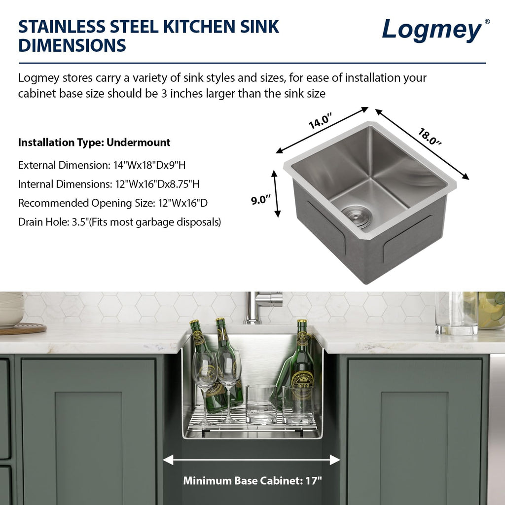 Logmey 14''x18'' Bar Sink - Undermount Single Bowl - Silver Stainless Steel