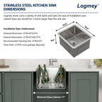 Logmey 14''x18'' Bar Sink - Undermount Single Bowl - Silver Stainless Steel