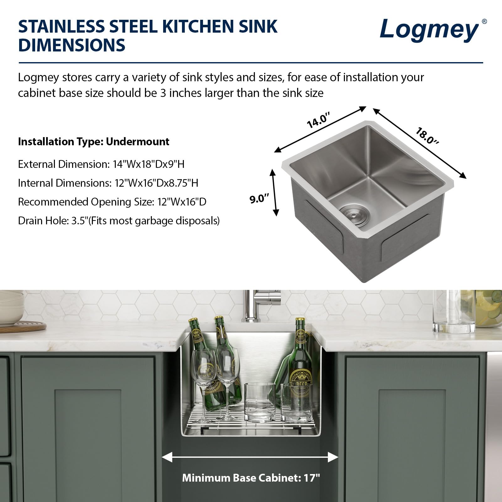 Logmey 14''x18'' Bar Sink - Undermount Single Bowl - Silver Stainless Steel