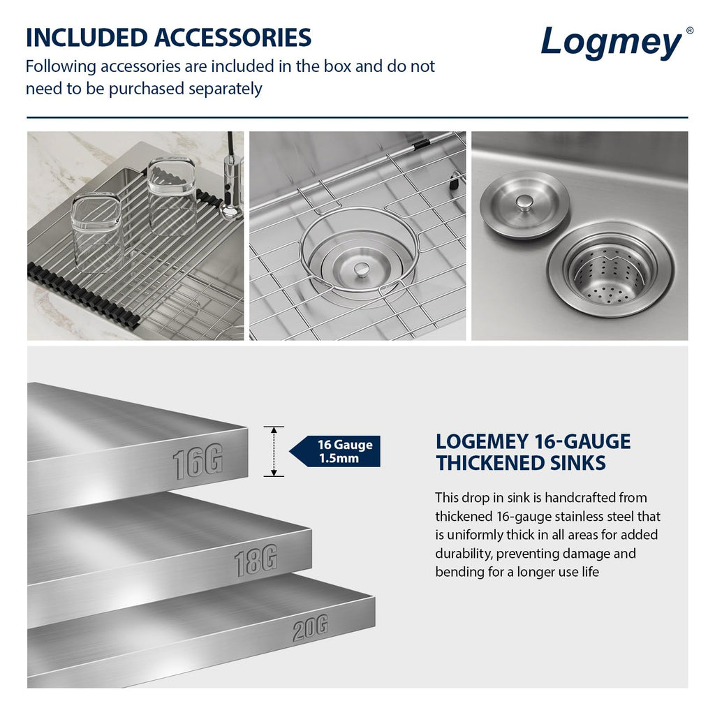 Logmey 33'' Kitchen Sink - Drop-In Round Corner Single Bowl - Silver Stainless Steel