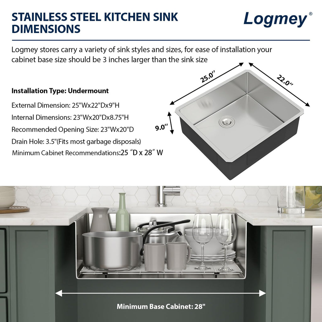 Logmey 25x22 Inch Undermount Single Bowl Stainless Steel Bar Sink