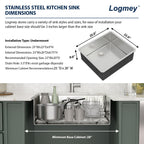 Logmey 25x22 Inch Undermount Single Bowl Stainless Steel Bar Sink