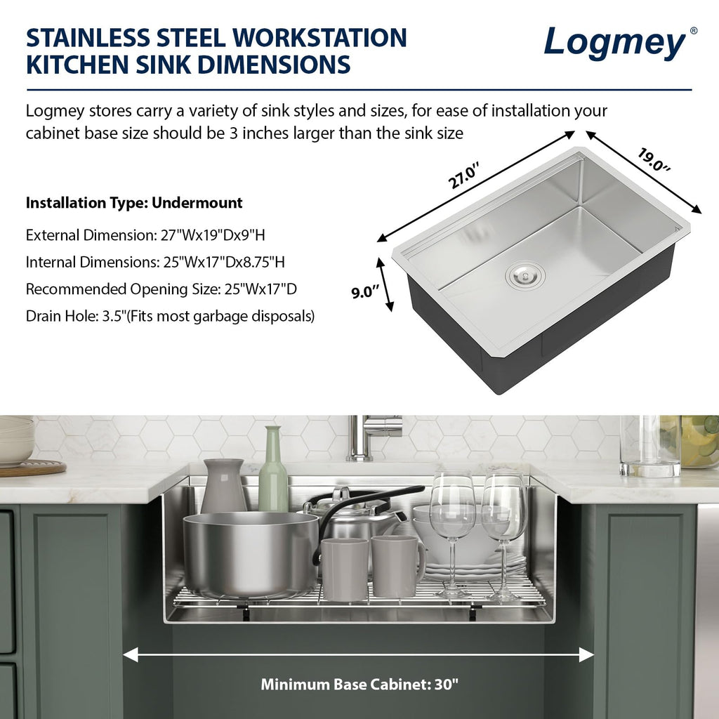 Logmey 27'' Workstation Kitchen Sink - Undermount Single Bowl with Accessories - Silver Stainless Steel