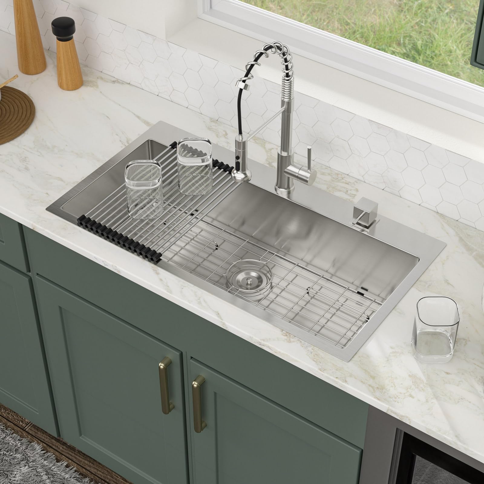 Logmey 36'' Kitchen Sink - Drop-In Round Corner Single Bowl - Silver Stainless Steel