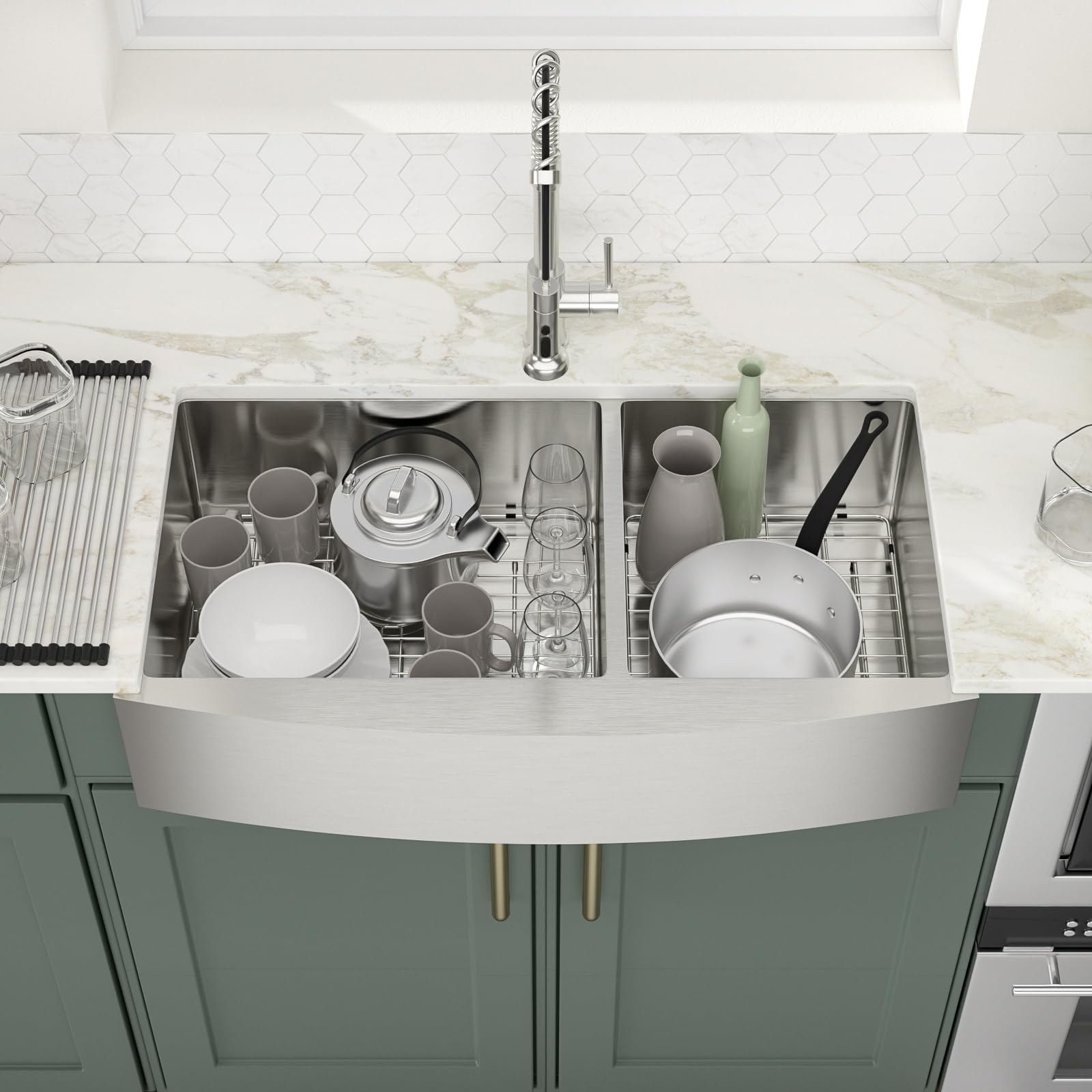 Logmey 36'' Nano Coated Farmhouse Sink - Apron Front 60/40 Double Bowl - Black Stainless Steel