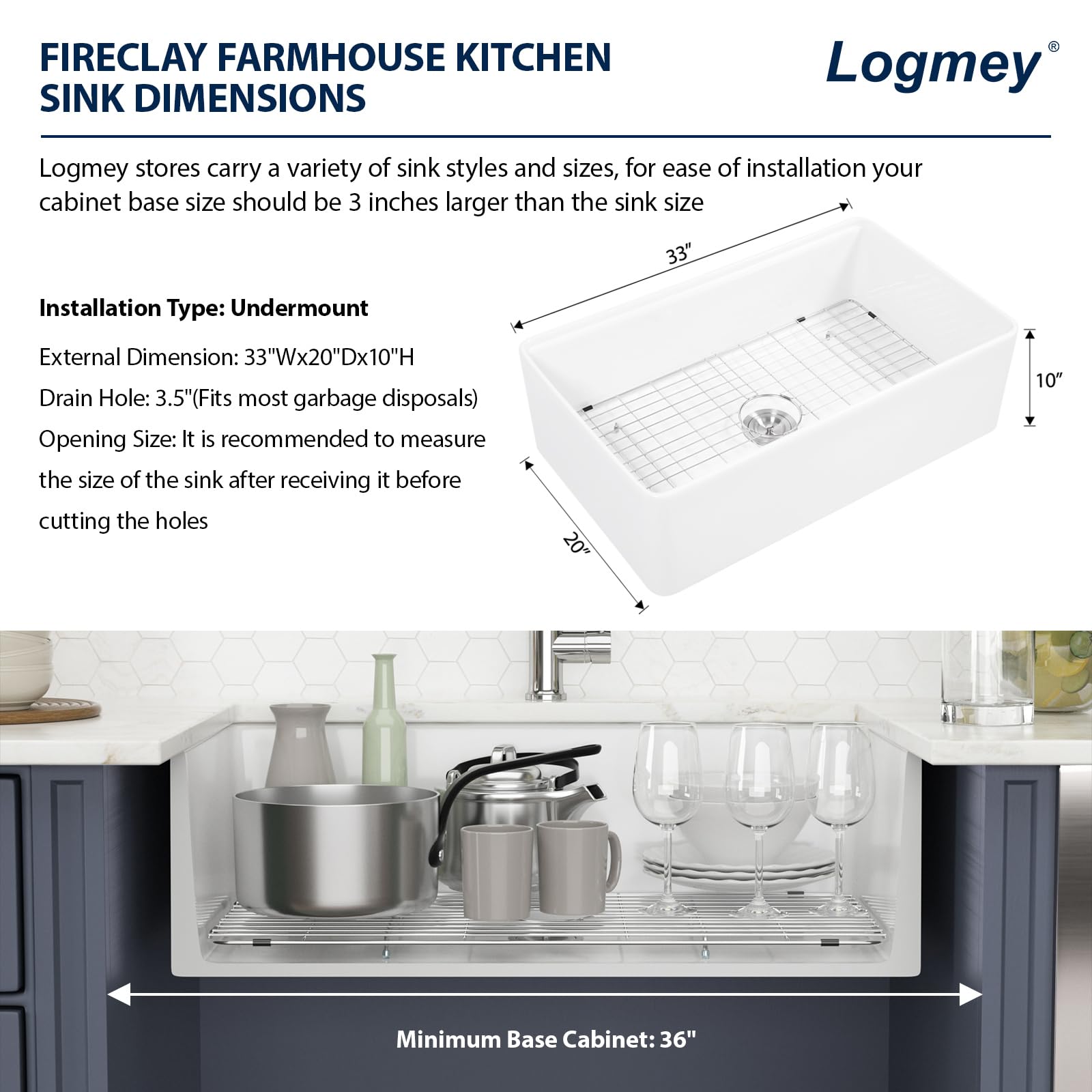 Logmey 33 Inch White Workstation Single Bowl Apron Front Fireclay Ceramic Farmhouse Sink