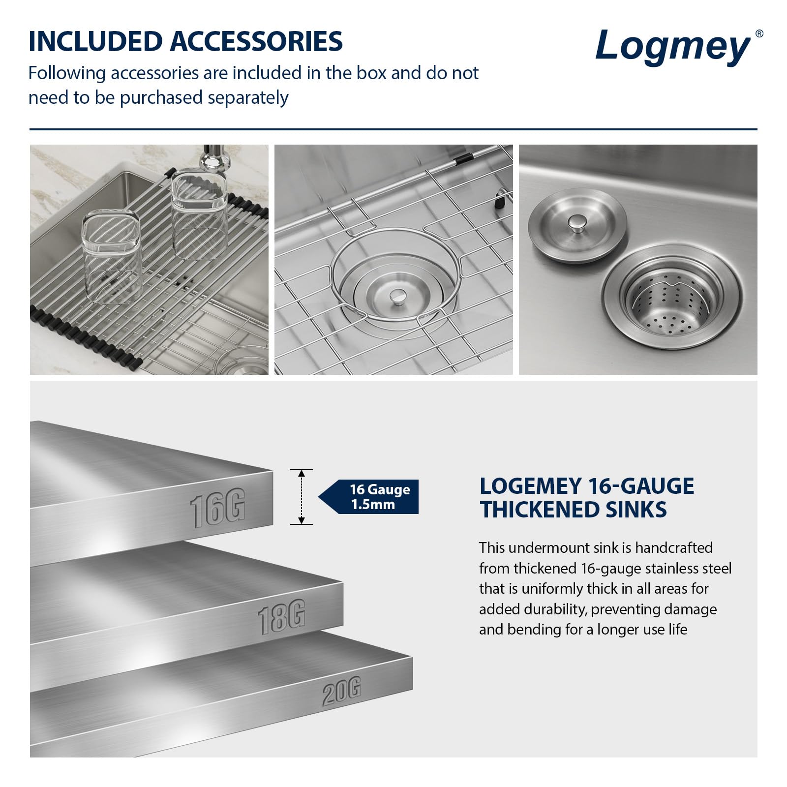 Logmey 27'' Kitchen Sink - Undermount Single Bowl - Silver Stainless Steel