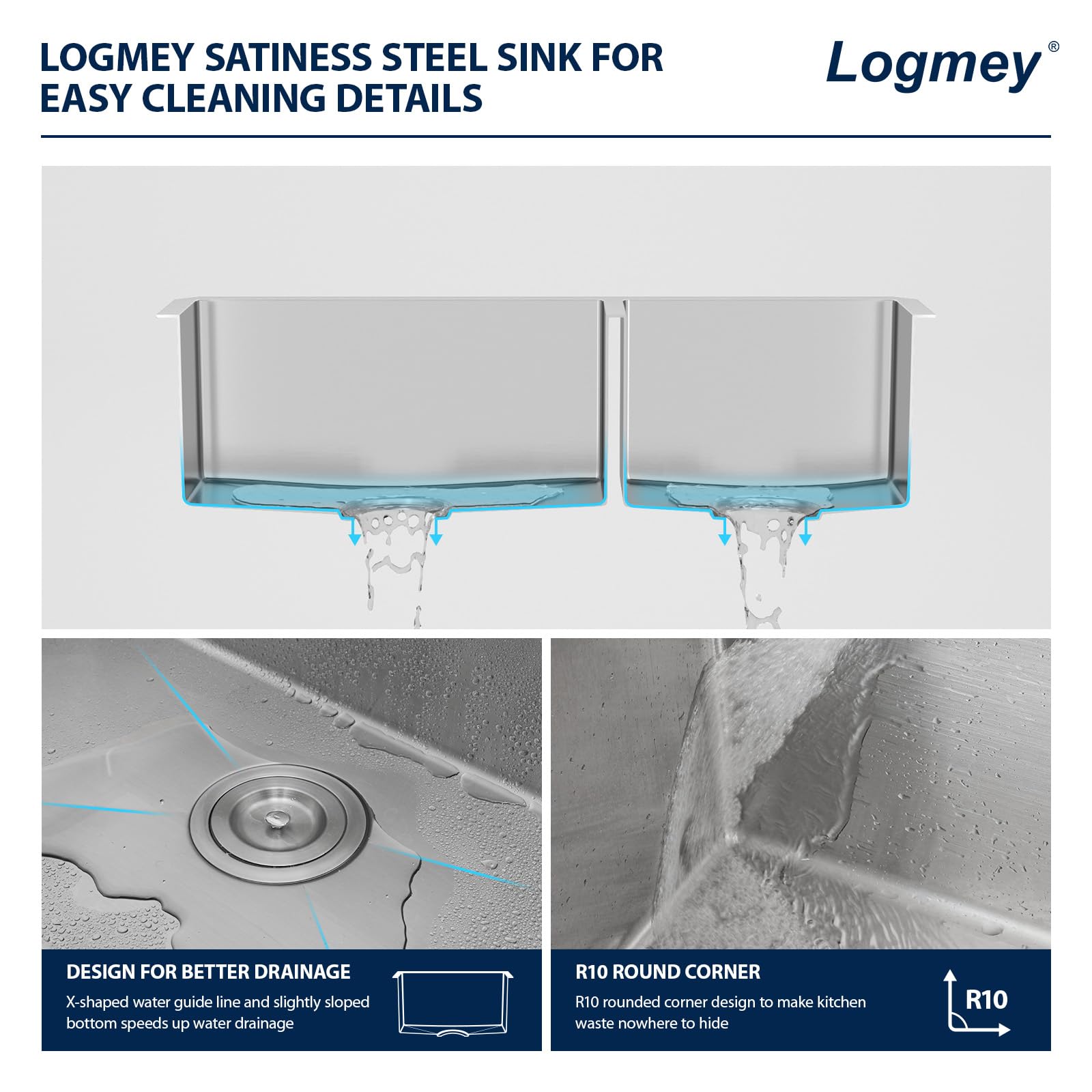 Logmey 33'' Kitchen Sink - Undermount 60/40 Double Bowl - Silver Stainless Steel