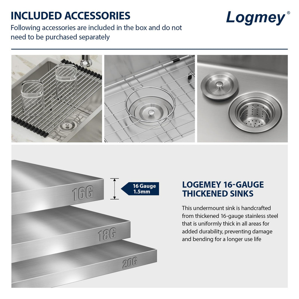 Logmey 33''x19'' Kitchen Sink - Undermount Double Bowl - Silver Stainless Steel