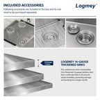 Logmey 33''x19'' Kitchen Sink - Undermount Double Bowl - Silver Stainless Steel