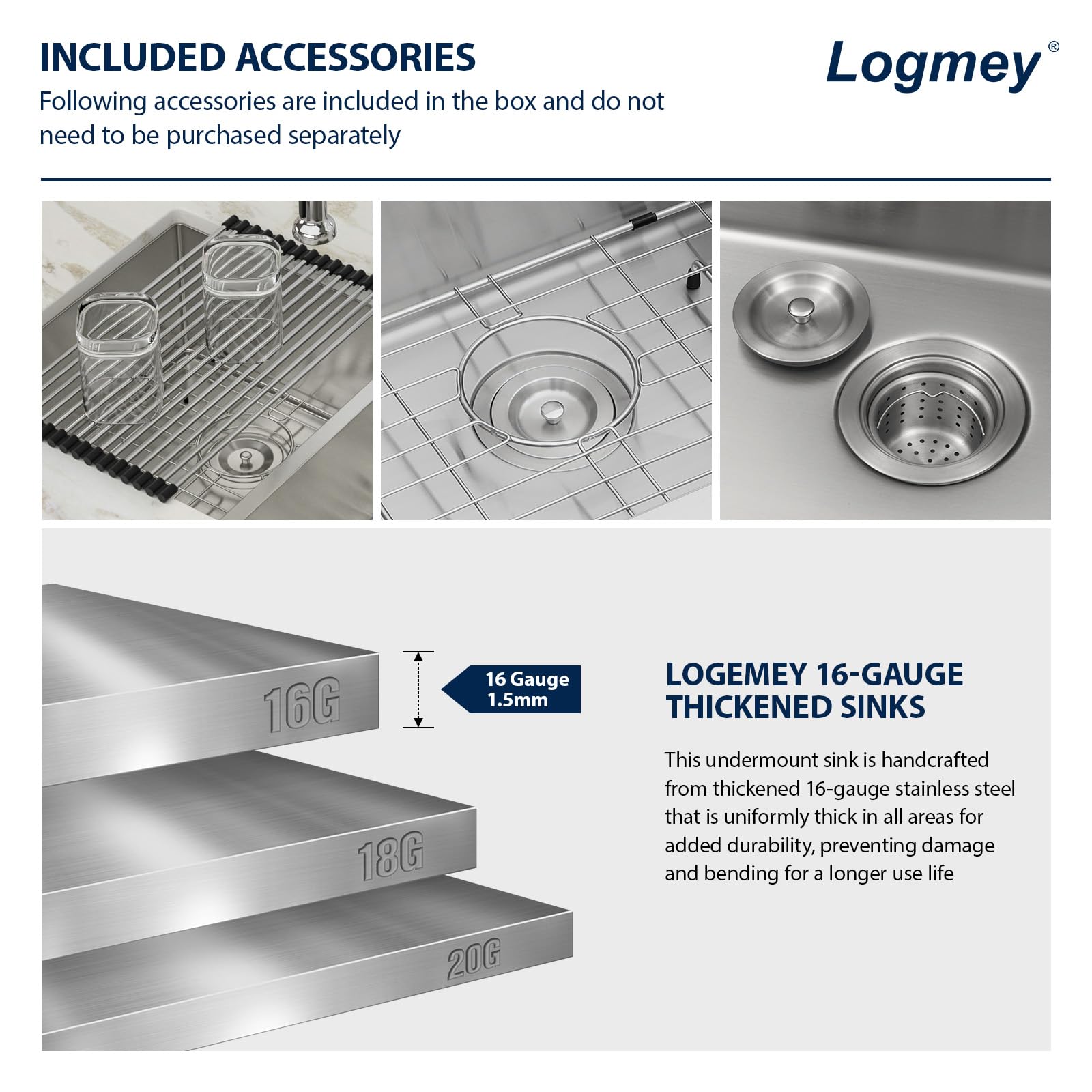 Logmey 33''x19'' Kitchen Sink - Undermount Double Bowl - Silver Stainless Steel