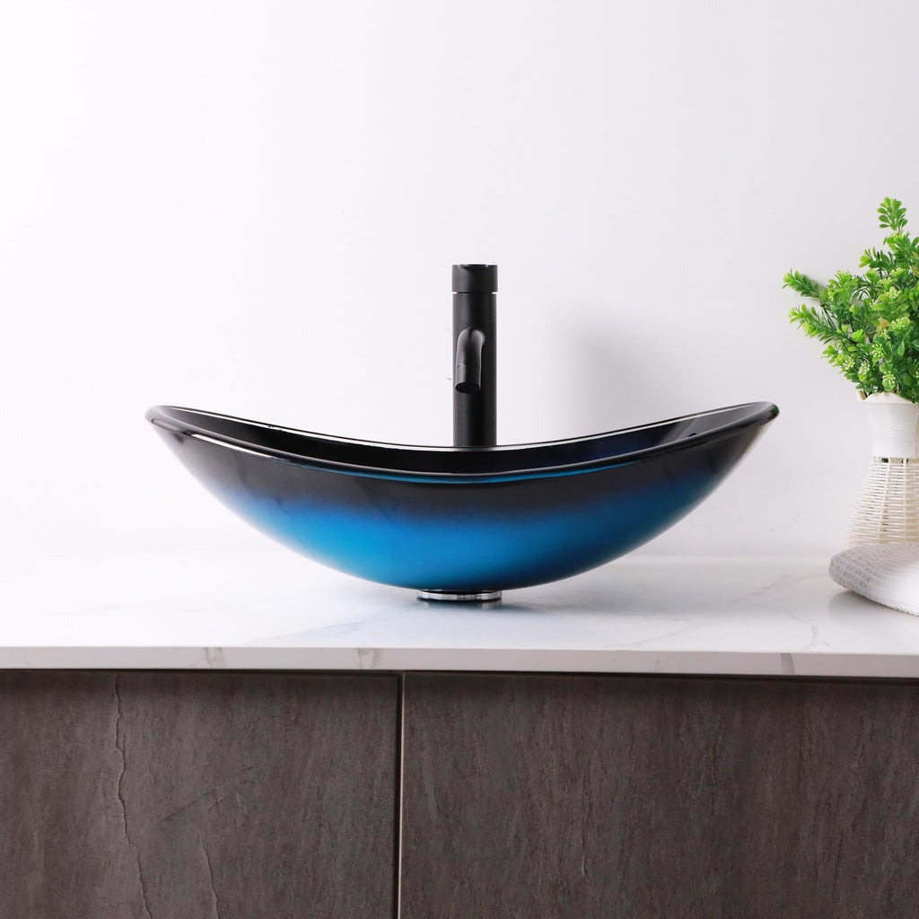 Logmey 21'' Bathroom Vessel Sink - Oval Countertop Single Bowl with Drain - Blue Tempered Glass