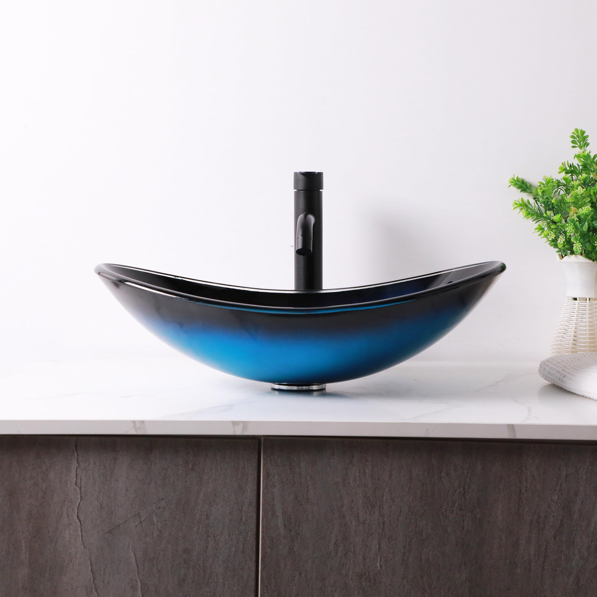 Logmey 21'' Bathroom Vessel Sink - Oval Countertop Single Bowl with Drain - Blue Tempered Glass