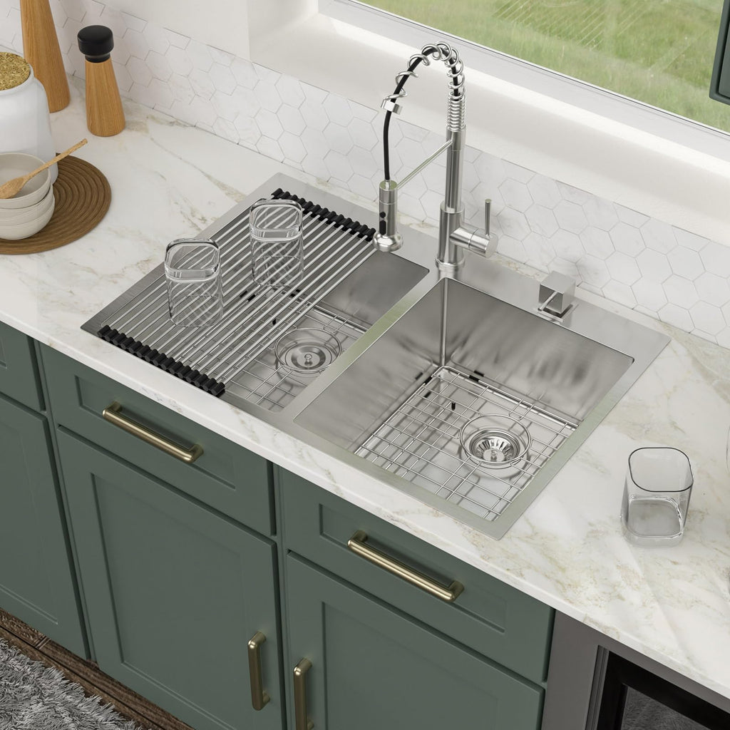 Logmey 33'' Kitchen Sink - Drop-In Topmount 50/50 Double Bowl - Silver Stainless Steel