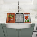 Logmey 33''x21'' Workstation Farmhouse Sink - Apron Front Low Divide Double Bowl - Silver Stainless Steel