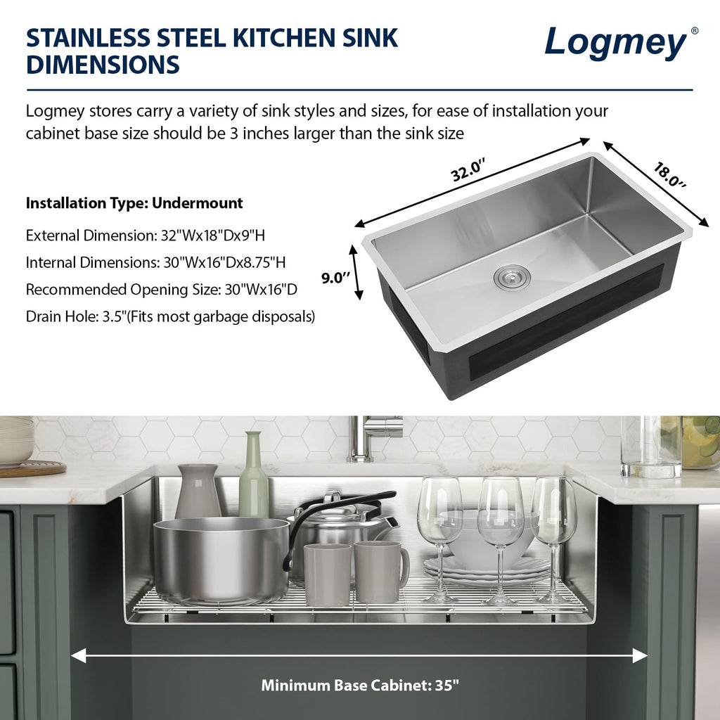 Logmey 32'' Kitchen Sink - Undermount Single Bowl - Silver Stainless Steel