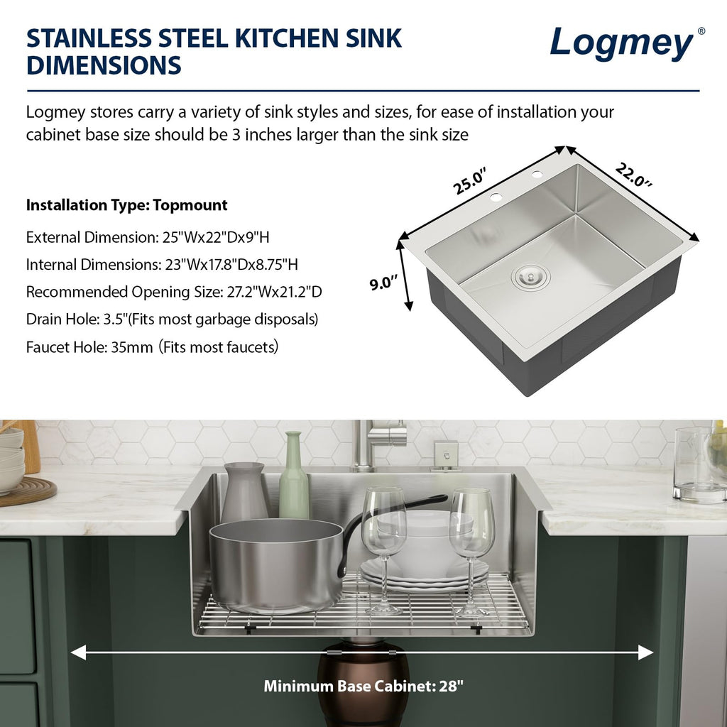 Logmey 25'' Bar Prep Sink - Drop-In Topmount Single Bowl - Silver Stainless Steel