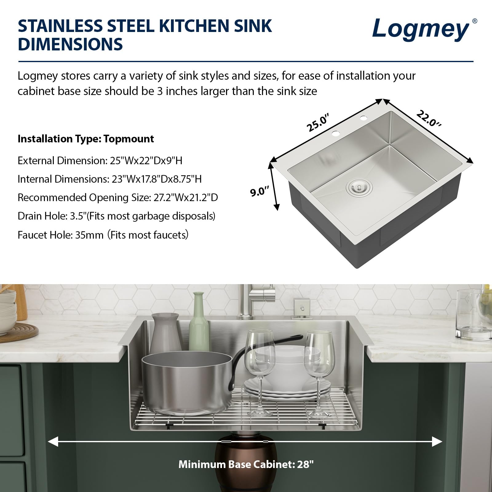 Logmey 25'' Bar Prep Sink - Drop-In Topmount Single Bowl - Silver Stainless Steel