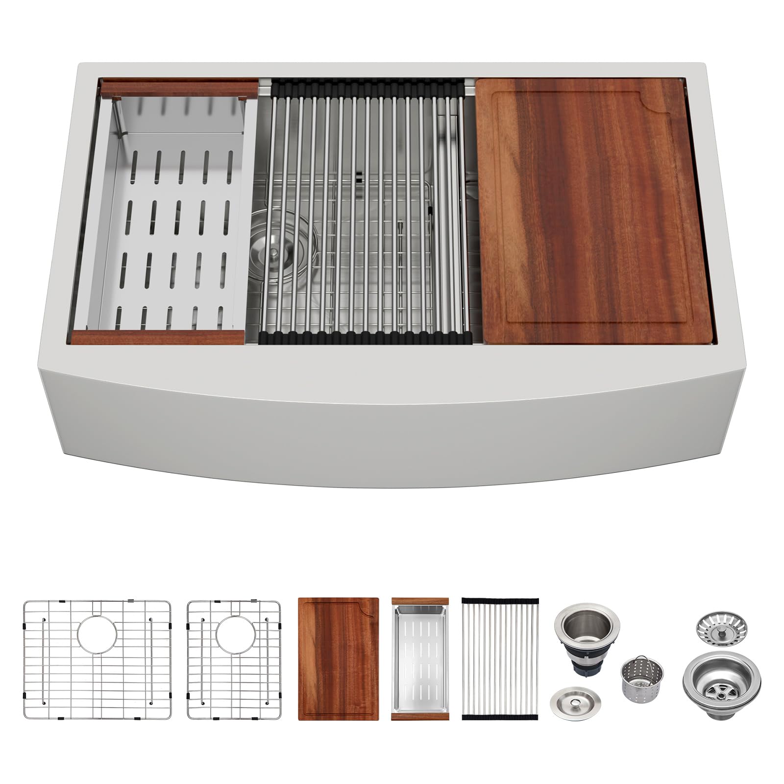 Logmey 33x21 inch Double Bowl Workstation Low Divide Apron Front Stainless Steel Farmhouse Sink