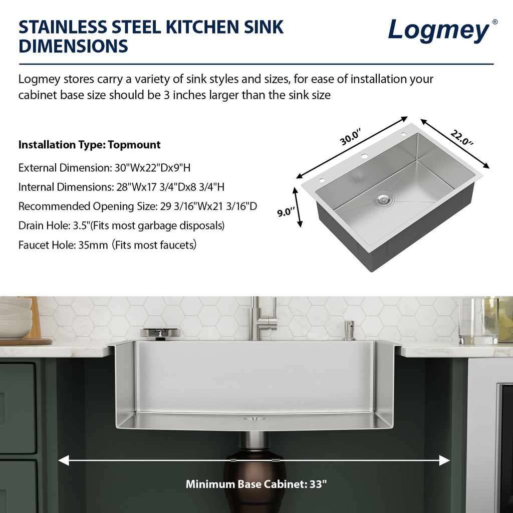 Logmey 30'' Kitchen Sink - Drop-In Single Bowl with Faucet & Cup Washer - Silver Stainless Steel