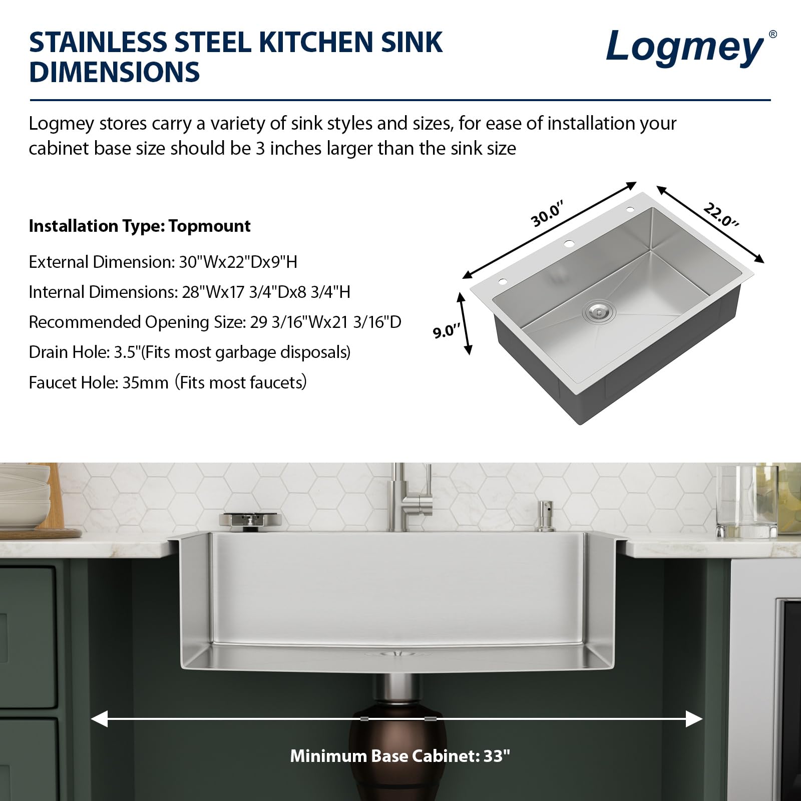Logmey 30'' Kitchen Sink - Drop-In Single Bowl with Faucet & Cup Washer - Silver Stainless Steel
