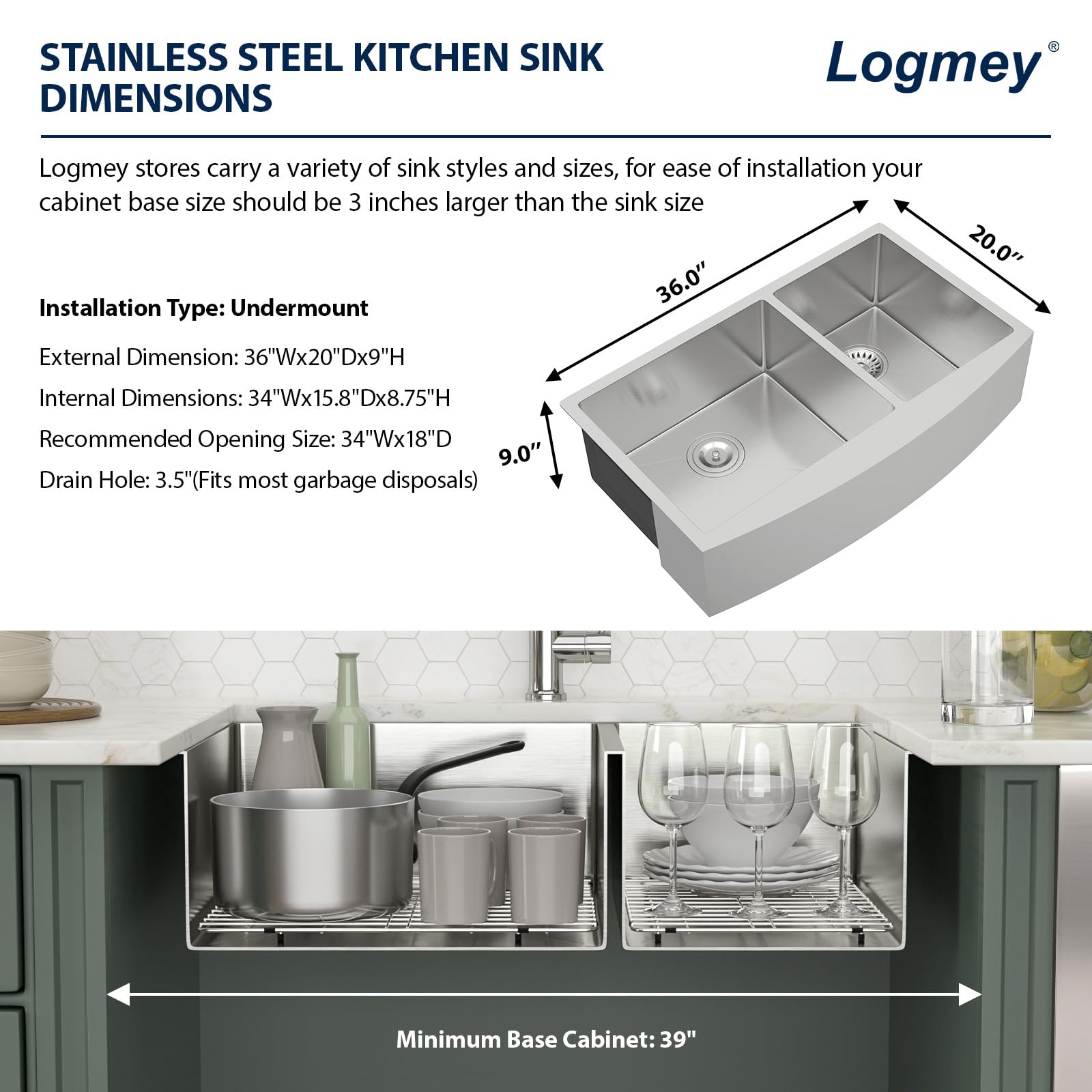 Logmey 36'' Nano Coated Farmhouse Sink - Apron Front 60/40 Double Bowl - Black Stainless Steel