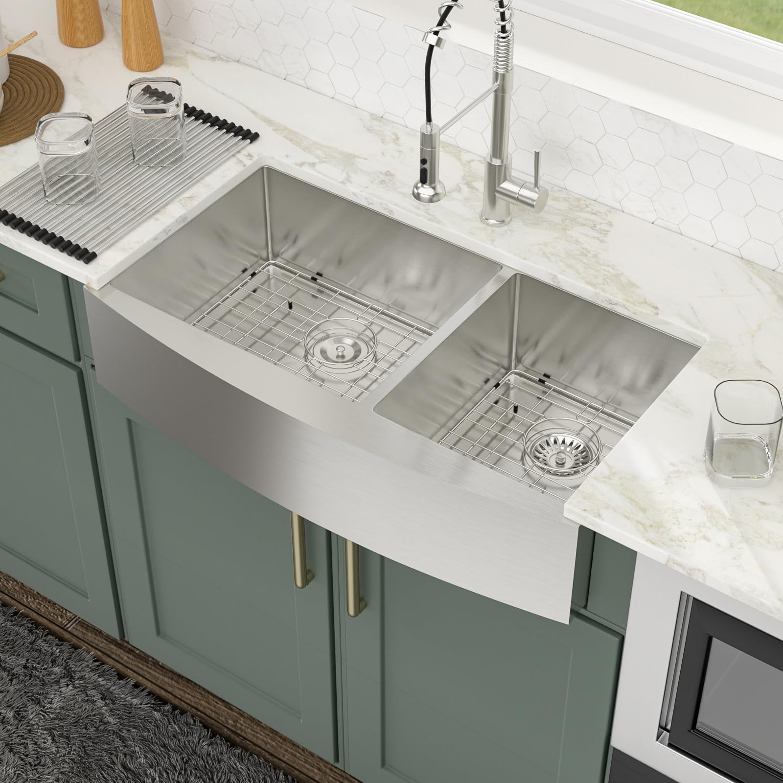 Logmey 36 Inch Double Bowl Farmhouse Kitchen Sink 