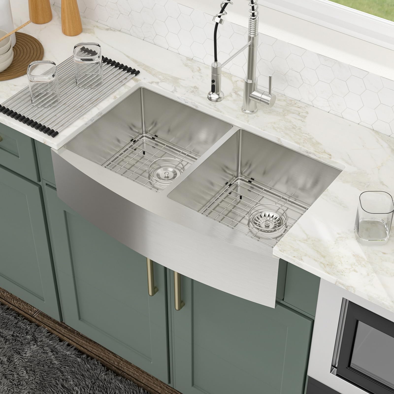 Logmey 33'' Farmhouse Kitchen Sink - Apron Front 50/50 Double Bowl - Silver Stainless Steel