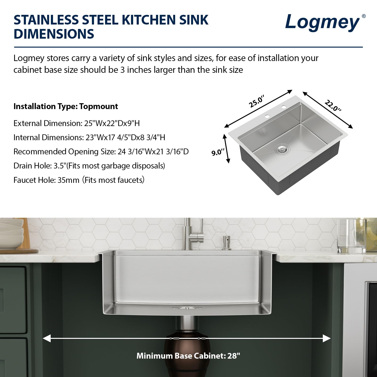 Logmey 25'' Workstation Kitchen Sink - Drop-In Single Bowl with Pull-out Faucet - Silver Stainless Steel