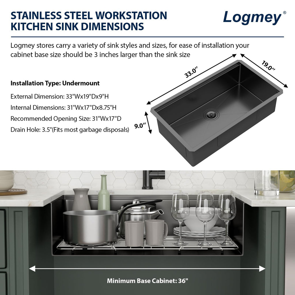 Logmey 33'' Workstation Kitchen Sink - Undermount Single Bowl - Black NANO-PVD Stainless Steel