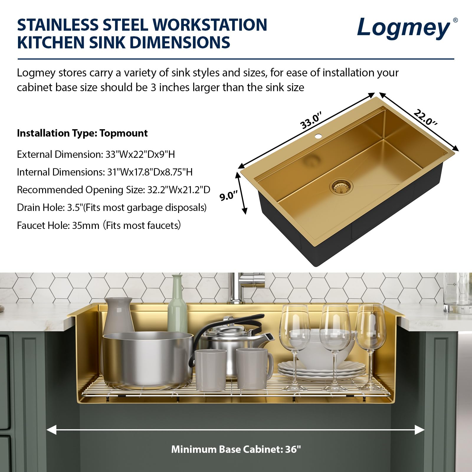 Logmey 33'' Kitchen Sink - Drop-In Single Bowl - Gold Stainless Steel
