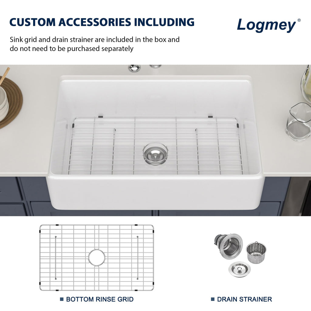 Logmey 33''x20'' Farmhouse Sink - Apron Front Single Bowl - White Fireclay Ceramic