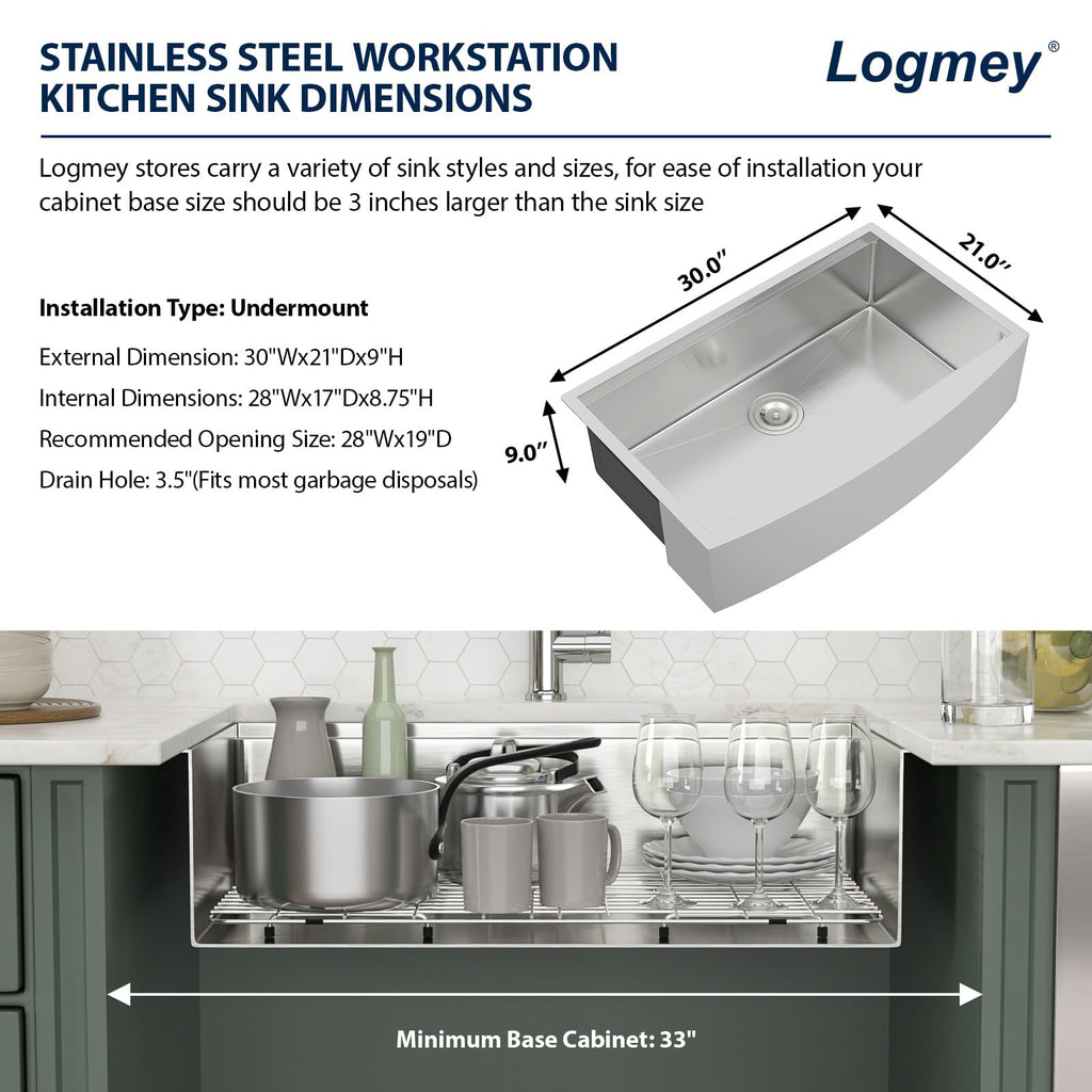 Logmey 30x21 Inch Apron Front Single Bowl Workstation Stainless Steel Farmhouse Sink