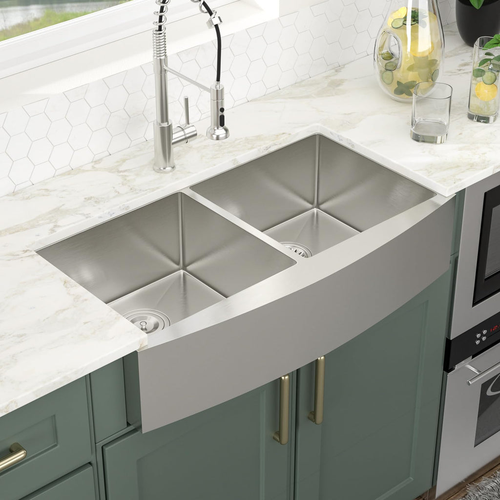 Logmey 36'' Farmhouse Kitchen Sink - Apron Front 50/50 Double Bowl - Silver Stainless Steel