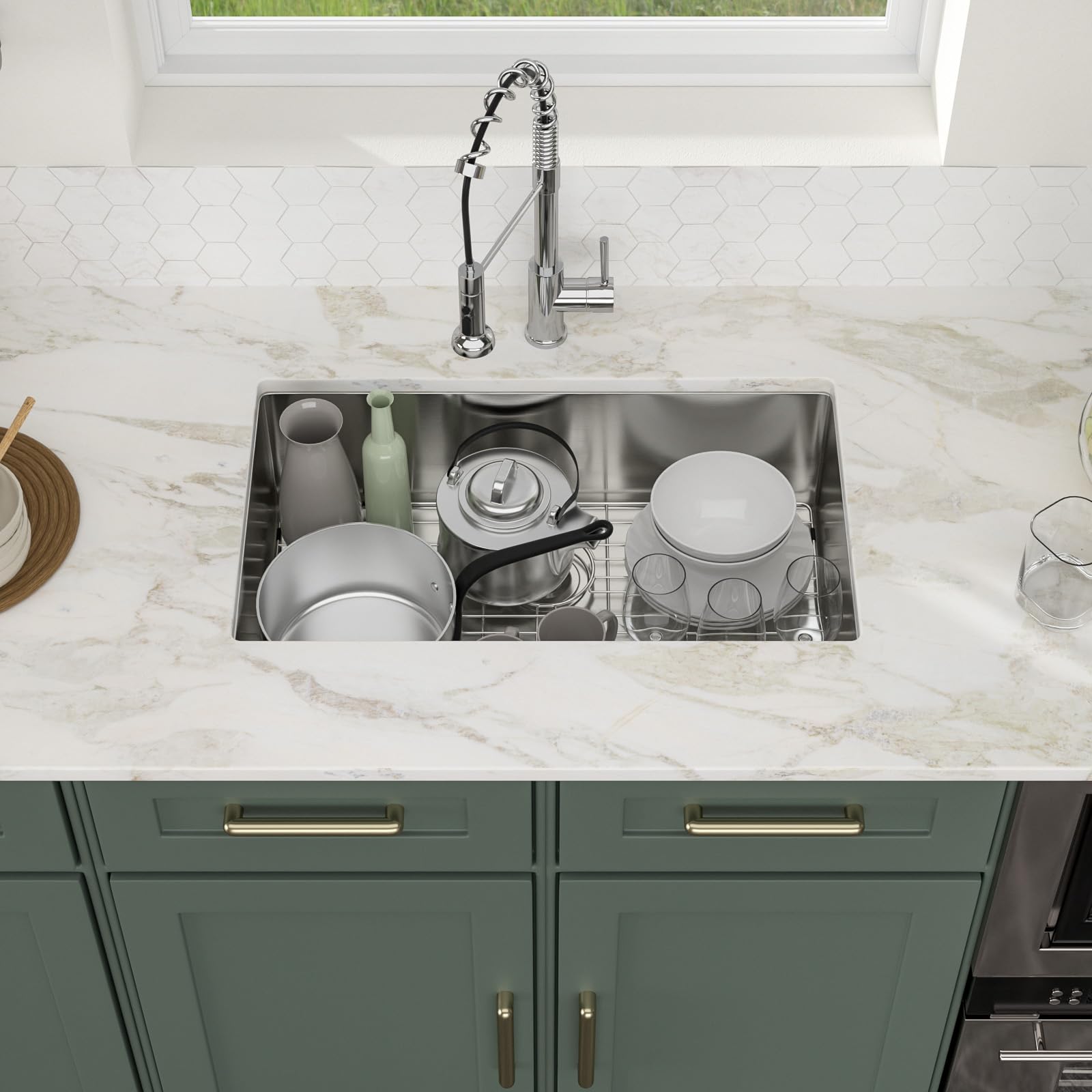Logmey 30'' Kitchen Sink - Undermount Round Corner Single Bowl - Silver Stainless Steel