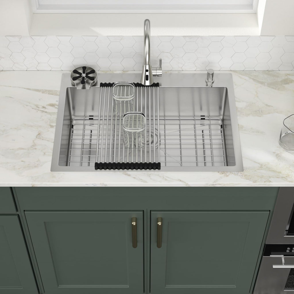 Logmey 30'' Kitchen Sink - Drop-In Single Bowl with Faucet & Cup Washer - Silver Stainless Steel
