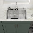 Logmey 30'' Kitchen Sink - Drop-In Single Bowl with Faucet & Cup Washer - Silver Stainless Steel