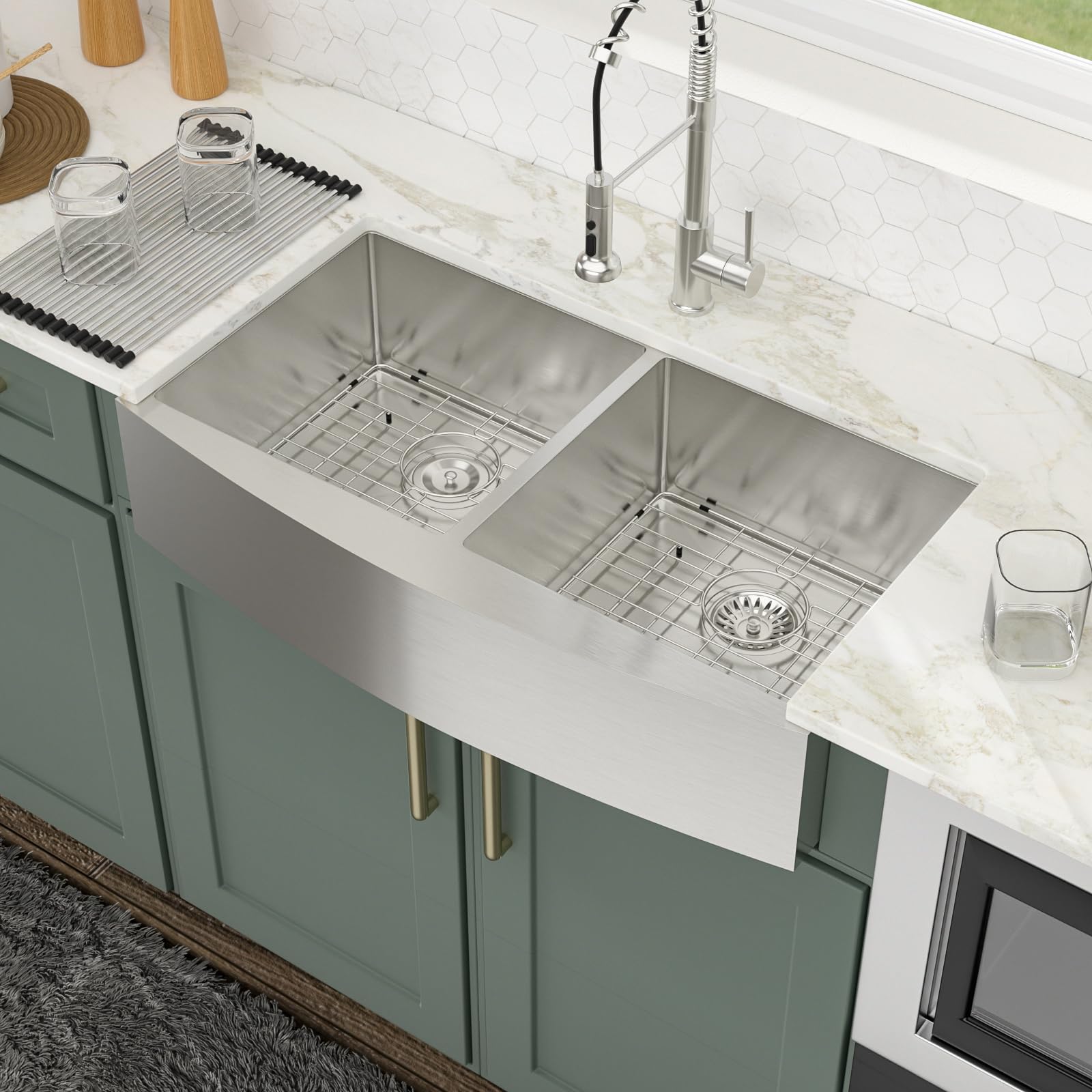 Logmey 36'' Farmhouse Kitchen Sink - Apron Front 50/50 Double Bowl - Silver Stainless Steel